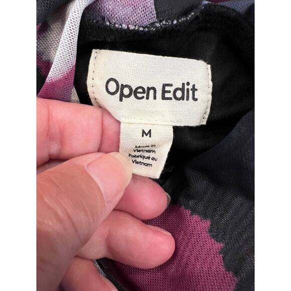 Open Edit Black Floral Painted Confetti Long Sleeve Ruched Mesh Dress - SIZE M - Picture 10 of 10